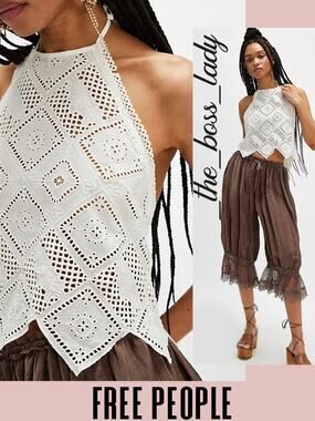 Free People top floral eyelets lace embroidery halter crochet boho Large summer